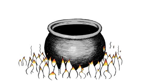 Cartoon boiling kettle or cauldron full of hot tar. Flames under it. It is in hell. Dynamic crazy doodle animation. Alpha matte included.