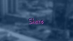 Animation of share text with arrows over out of focus cityscape. online networking, internet and social media concept digitally generated video.