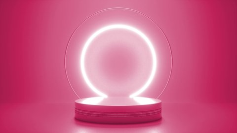 Pink podium with a bright glowing blinking neon circle. Futuristic showcase with platform for product displaying. Empty stage with electric light. Geometric shapes composition. 3d animation loop 4K: stockvideo