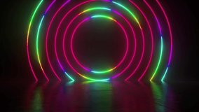 Circle stage multicolored neon light. Futuristic Sci fi abstract colorful circles background. Shine rings. LED ellipses. Shimmer motion glow portal. Podium for product display. 3d animation loop 4K - Powered by Shutterstock - Get 15% off with code: PIKWIZARD15