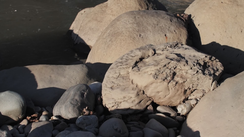 footage of ancient fossils, ammonites, large stones