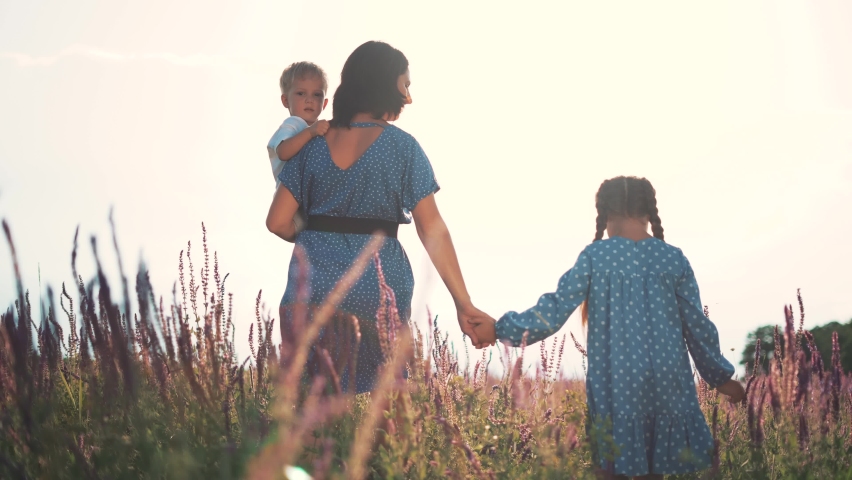 Happy family. Mother and child are walking through field of flowers. Mother with her son by hand is walking on grass. Mom with children in park. Happy family and helping hands concept.Child protection Royalty-Free Stock Footage #1088533423