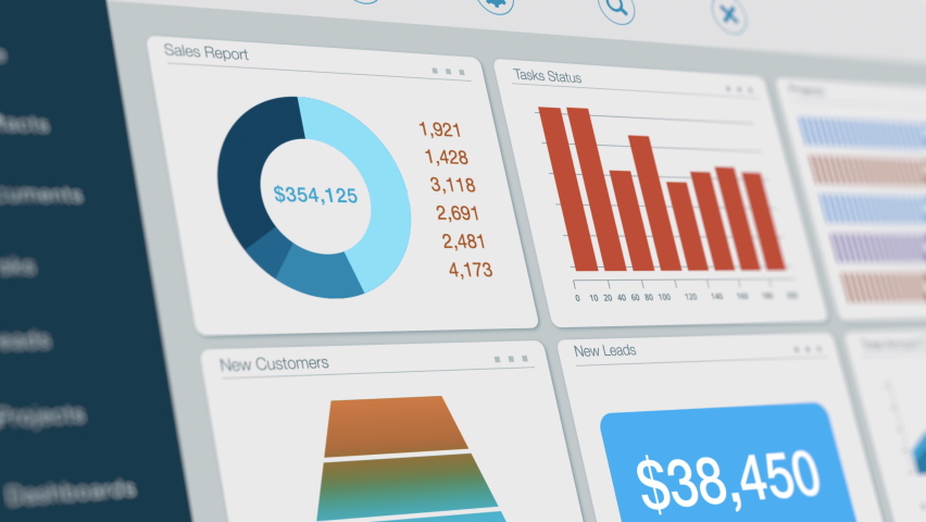 close-up of a computer monitor, dashboard view of an ERP software enterprise resource planning, or a CRM software customer relationship management, charts, data and reports, graphic interface, horizon Royalty-Free Stock Footage #1088533845