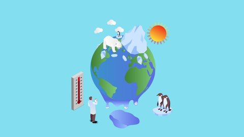 Male researcher animation looking at penguins and polar bears on the melting globe while standing near the thermometer. Cartoon in 4k resolution