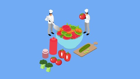 Two chefs animation mixing vegetables on the bowl while making healthy salad. Cartoon in 4k resolution