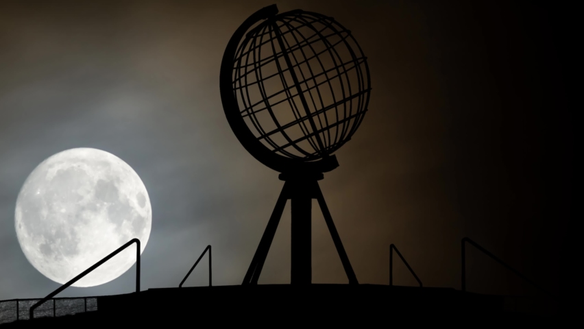Globe at the North Cape, Time Lapse by Night with Full Moon, Norway