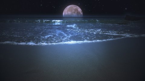 Moonlight Ocean Waves Washing Beach Sand, Full Moon In Horizon. Full moon glow over ocean waves on a sand beach at night. Waves washing up sand beach