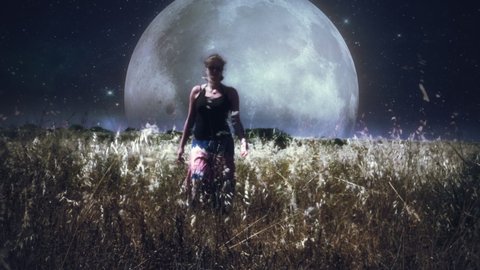 Girl Walking Fields Night Full Moon Surreal Landscape. Woman walking happily through a field at night with the moon spinning in the background