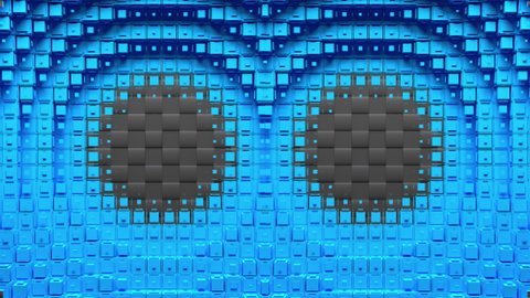 Blue voxels form two circular holes and carbon rings which diverge from the center of screen. Seamless loop 3D animation.