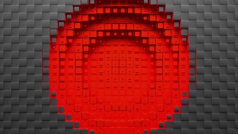 Red voxel circle holes and carbon rings diverge from the center of screen. Seamless loop 3D animation.