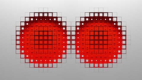 Red voxels on white screen form two circular holes and reveal black background. Abstract 3D animated intro. Alpha channel as matte mask and chroma key color id included.