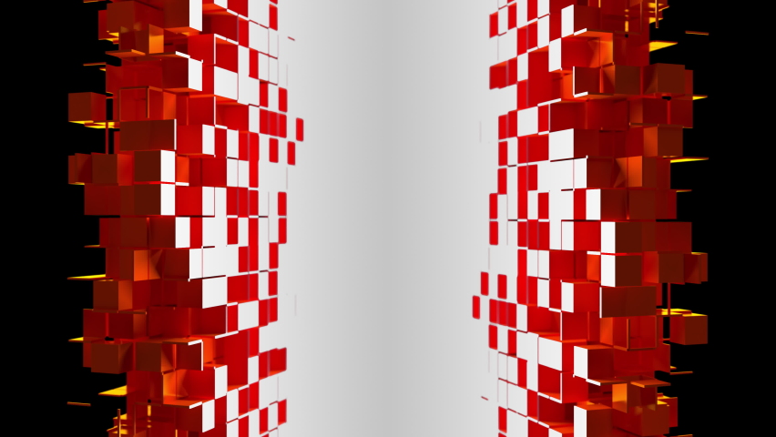 Orange cubic particles cut out of white corner that open the black screen. High tech and Nanotechnology concept. 3D animated intro with alpha channel as matte mask and chroma key color id.