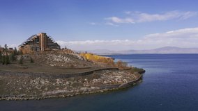 Aerial, Abandoned Hotel At The Sevan Lake, Armenia. Graded and stabilized version. 