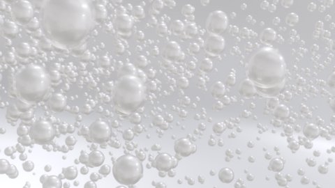 Macro shot of various white pearl bubbles in water rising up on light background. Super slow motion Beauty glossy Moisturizing bubble blobs or drops 3D animation find a special extract.