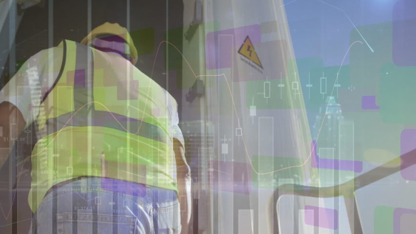 Animation of graphs and data over caucasian male worker walking into wind turbine. environment, sustainability, renewable energy, business and technology concept digitally generated video. - Powered by Shutterstock - Get 15% off with code: PIKWIZARD15