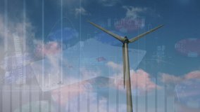 Animation of graphs, data over casino table, clouds and wind turbine. environment, sustainability, renewable energy, business and technology concept digitally generated video.