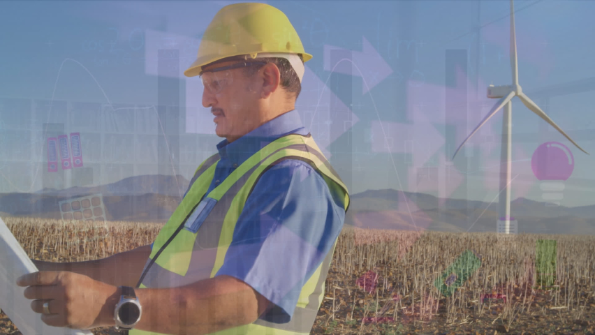 Animation of graphs and arrows over caucasian male worker with plans and field with wind turbine. sustainability, renewable energy, business and technology concept digitally generated video. - Powered by Shutterstock - Get 15% off with code: PIKWIZARD15