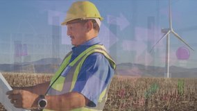 Animation of graphs and arrows over caucasian male worker with plans and field with wind turbine. sustainability, renewable energy, business and technology concept digitally generated video. - Powered by Shutterstock - Get 15% off with code: PIKWIZARD15