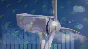 Animation of graphs, shapes and moving wind turbine over caucasian man working in office. environment, sustainability, renewable energy, business and technology concept digitally generated video. - Powered by Shutterstock - Get 15% off with code: PIKWIZARD15