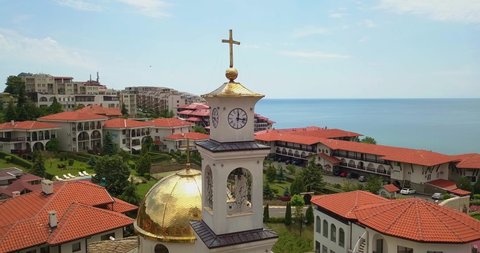 Drone aerial video of the Orthodox Church of Saint Vlasiy in Sveti Vlas by the sea, Popular summer resort Bulgaria