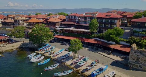Aerial drone view of the old port of Nesebar located by the Black Sea coast in Bulgaria.