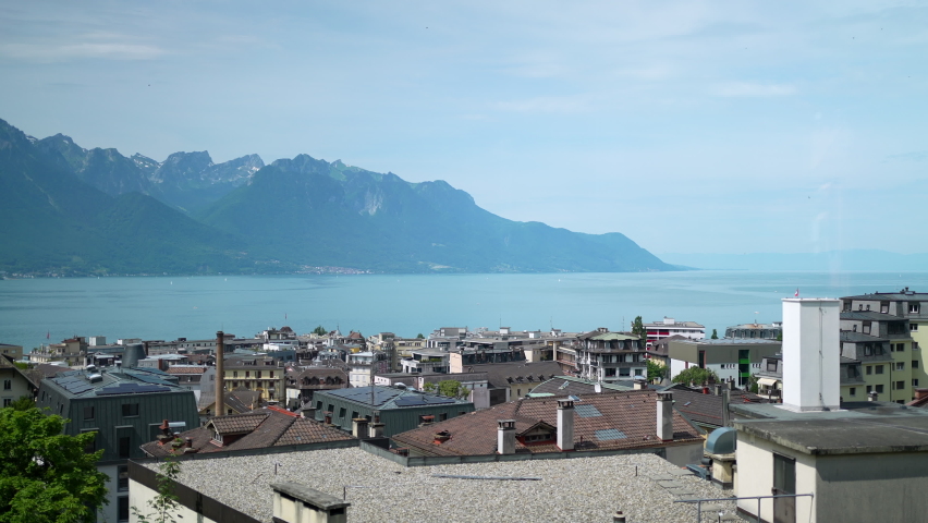 Beautiful view of Swiss mountains in Montreux Lake Geneva