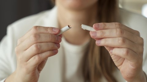 The concept of quitting cigarettes. Close-up woman breaks a cigarette in her hands. A woman quitting smoking cigarettes