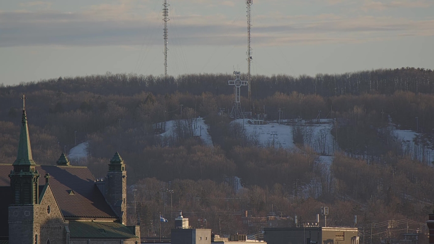 Sherbrooke downtown in Quebec Canada landscape with cathedral panoramic zoom view Eastern Townships Estrie