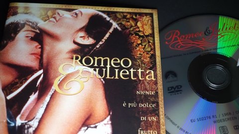 Rome, Italy - March 24, 2022, detail of the cover and DVD of Romeo and Juliet, a 1968 film directed by Franco Zeffirelli, transposition of the play of the same name by William Shakespeare.