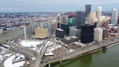 Pittsburgh , Pennsylvania , United States - 03 13 2022: Panoramic drone shot Aerial View of Pittsburgh Skyline downtown