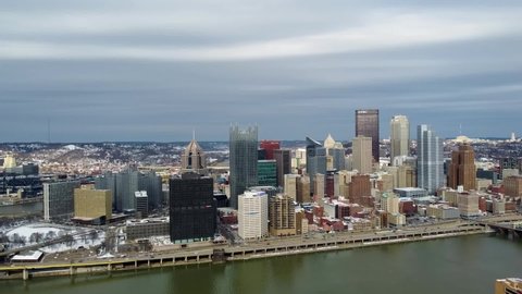 Pittsburgh , Pennsylvania , United States - 03 13 2022: Drone shot of Pittsburgh Skyline from the Grandview overlook mount washington