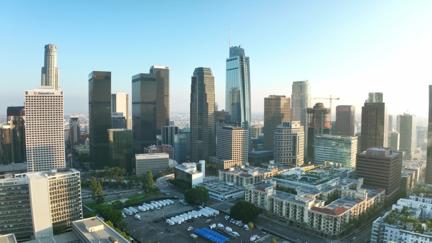 LOS ANGELES, CA, USA - March 15, 2022: Aerial view Los Angeles. Establishing drone shot of downtown LA. modern office buildings, skyscrapers, banks, apartments. Urban life, financial city in America.