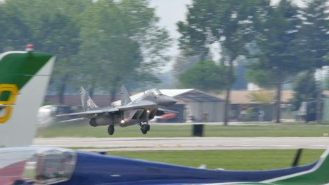 Udine Italy SEPTEMBER, 5, 2015 Mikoyan MiG-29 Fulcrum of Polish Air Force. Soviet era military plane for air defense and superiority requested by Ukraine to NATO during the 2022 war with Russia