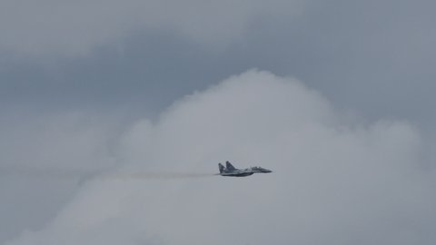Udine Italy SEPTEMBER, 5, 2015 MiG29 Polish AirForce does war air defense combat maneuver in flight. Poland Bulgaria and Slovakia are the only NATO Air Forces having the Mikoyan MiG-29 Fulcrum jet