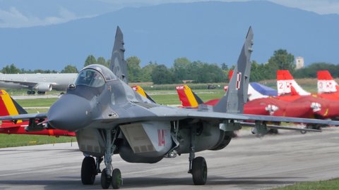 Udine Italy SEPTEMBER, 5, 2015 Mikoyan MiG-29 Fulcrum of Polish Air Force in grey camouflage taxiing in air base. Air superiority fighter jet aircraft used by Warsaw Pact and Russian armed forces