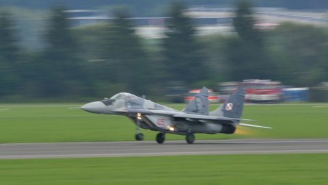 Zeltweg Austria SEPTEMBER, 2, 2016 Military plane take off with full afterburner power and vertical climb. Mikoyan Gurevich MiG-29 Fulcrum of Polish Air Force