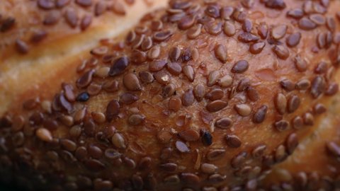 Close up macro shot of Turkish bagel, crispy. Breakfast food with sesame, pastry crunchy concept.