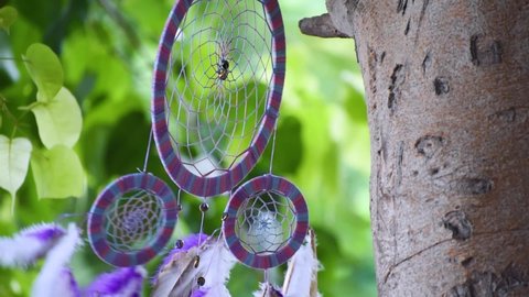 Close up of dream catcher on background of tree leaves with vibrant tone. Hand made. Dreamcatcher flowing in wind. Home decoration and wedding decoration 