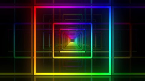 3d abstract geometry tunnel. Colored rainbow square shapes move in perspective on an empty black background. Show, holiday, performance concept