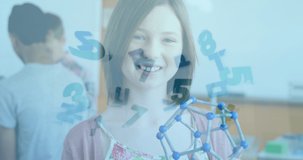 Animation of numbers over happy caucasian schoolgirl with models in classroom. school and education concept digitally generated video.