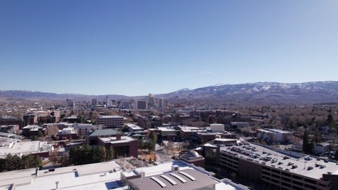 Reno Nevada aerial drone in winter with beautiful blue skies and snowy mountains