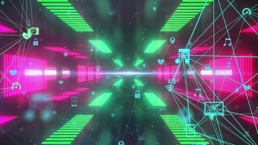 Animation of diverse neon lights and network of connections with icons. colour, movement, connections, communication and technology concept digitally generated video.