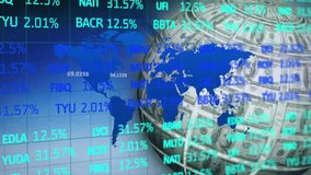 Animation of financial data moving over rotating globe. global finance, economy and technology concept digitally generated video.