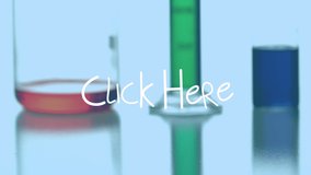 Animation of click here over syringe falling on blue background with lab glasses. science, chemistry, experiments, communication and digital interface concept digitally generated video.