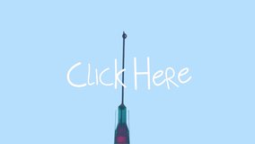 Animation of click here over syringe needle with reagent on blue background. science, chemistry, experiments, communication and digital interface concept digitally generated video.