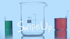 Animation of swipe up over reagent pouring into lab glass on blue background. science, chemistry, experiments, communication and digital interface concept digitally generated video.