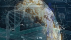 Animation of network of connections and dna strand with data processing over globe. global connections, computing and digital interface concept digitally generated video. - Powered by Shutterstock - Get 15% off with code: PIKWIZARD15