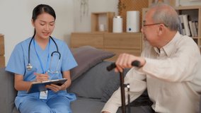 Nurse elder care listened elderly man patient at nursing home. Female medical practitioner ask questions talks to mature patient filling disease history form, provide help and prescribe treatment - Powered by Shutterstock - Get 15% off with code: PIKWIZARD15