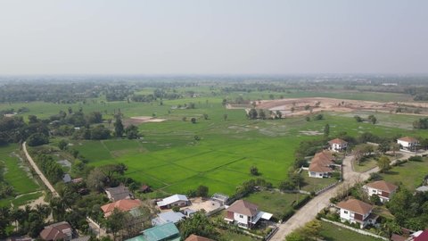 Aerial view of the village with the green rice field in a daylight,Sakhon Nakhon province Thailand