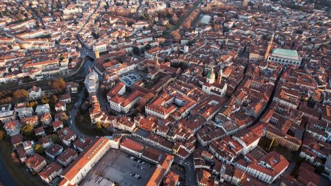 Aerial forward view of city of Vicenza. Veneto region, Italy. Real time
